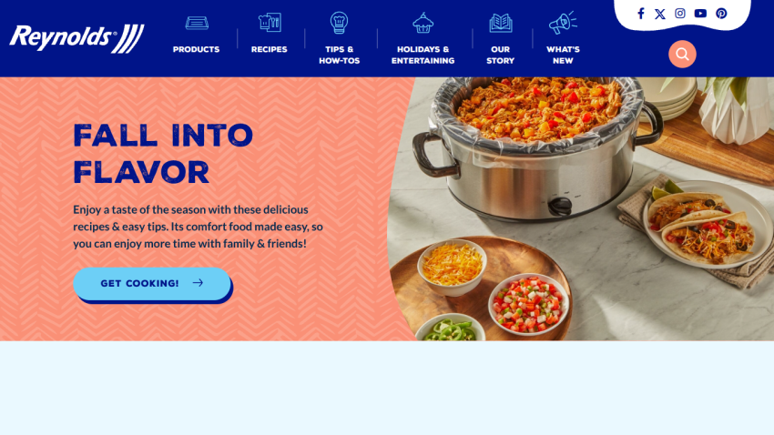 Reynolds website with fall recipes and cooking tips, featuring a slow cooker meal and call to action button