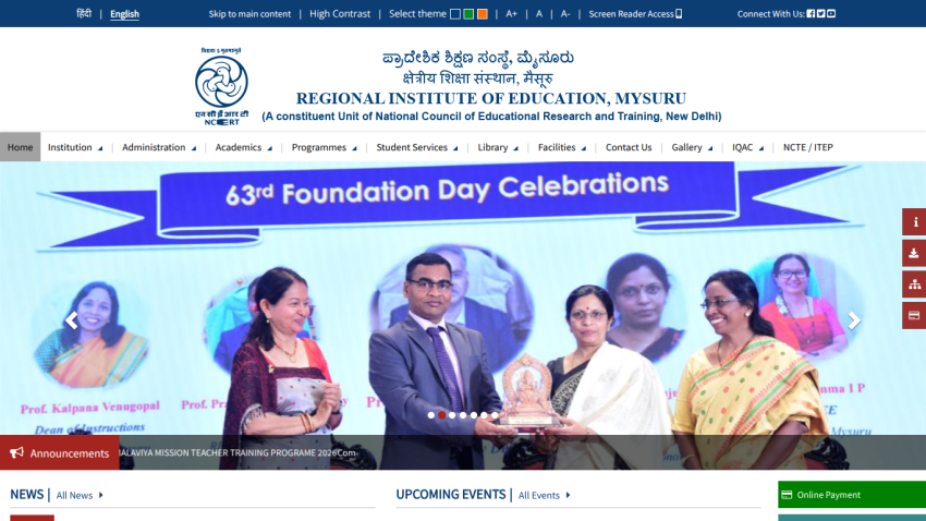 Regional Institute of Education Mysuru homepage with navigation menu and banner for 63rd Foundation Day Celebrations