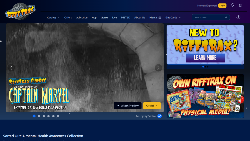 Homepage of RiffTrax featuring Captain Marvel and promotional content.