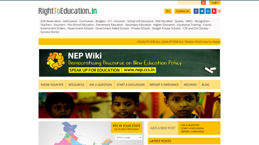 RightToEducation.in homepage with education policy topics, NEP Wiki banner, navigation menu, and map of India states