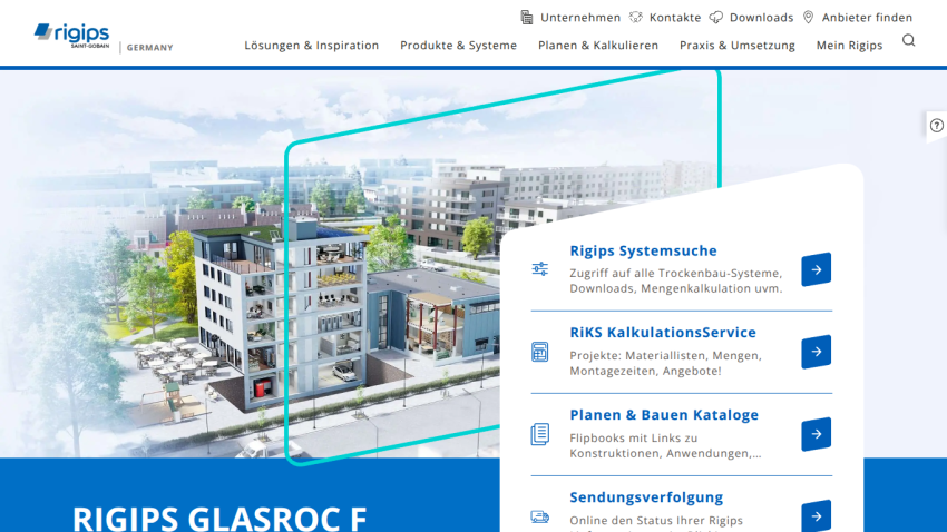 Homepage of RIGIPS showcasing building solutions with navigation options.