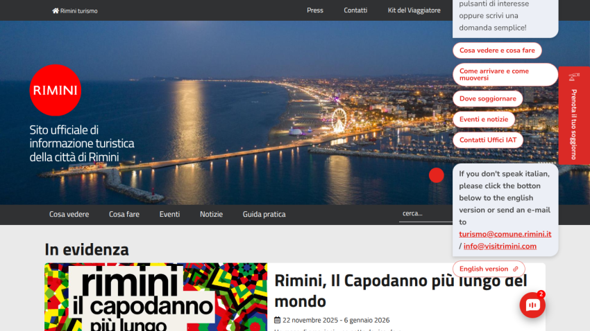 Official tourism site of Rimini with night view of city and coastline, navigation menu, and event highlight for New Year's celebration