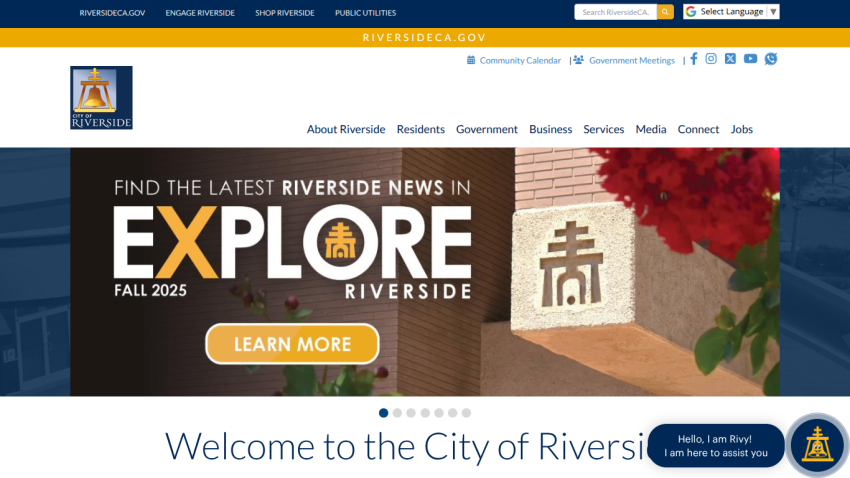 City of Riverside homepage featuring news and exploration options.