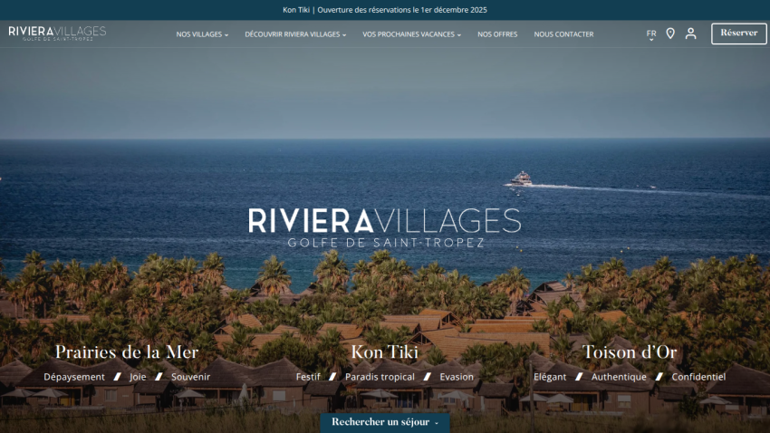 Riviera Villages Golfe de Saint-Tropez website with ocean view, village names, and reservation options