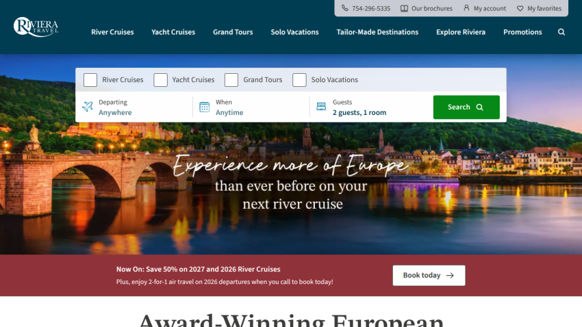 Website header with navigation and search bar, hero image of a cityscape at night, and promotional text about European river cruises