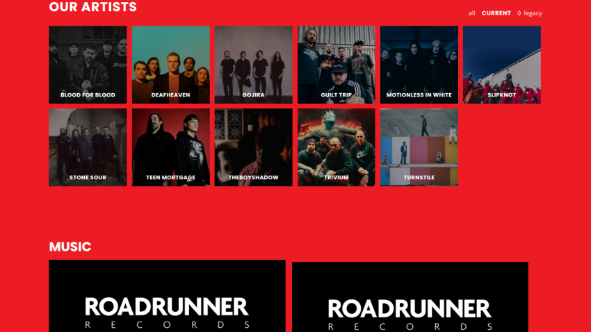 Grid of artists with a red background, featuring album covers and a music section.