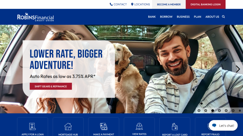 Promotional banner for auto rates with a man, woman, and dog in a car.