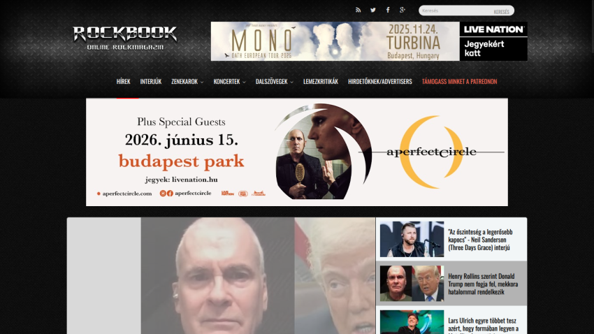 Rockbook online rockmagazin homepage with concert announcement for A Perfect Circle in Budapest on June 15, 2026