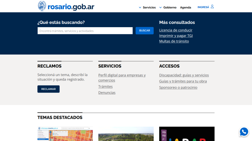 Website header with search bar and navigation links for services and access.