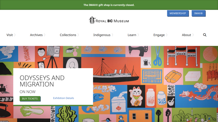 Royal BC Museum homepage featuring 'Odysseys and Migration' exhibition with buy tickets and details links