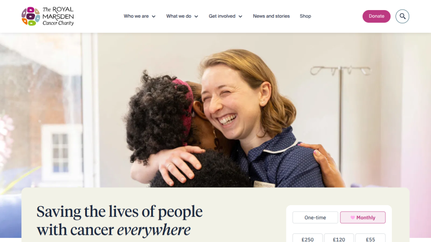Cancer charity homepage with smiling nurse hugging patient and donation options for one-time or monthly gifts
