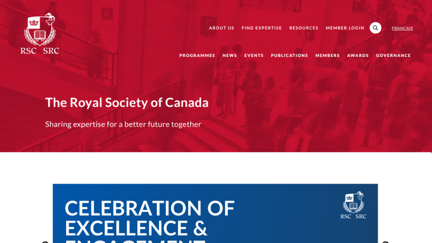 The Royal Society of Canada homepage with navigation links and a red-toned hero section stating sharing expertise for a better future