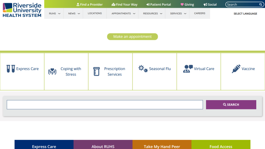 Riverside University Health System homepage with navigation menu, appointment button, care options, and search bar