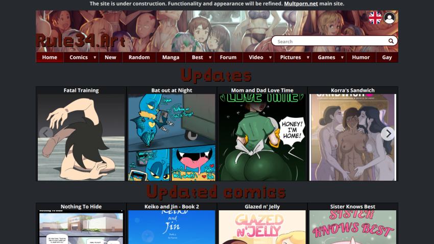 Homepage featuring updates and new comics with thumbnails and titles.