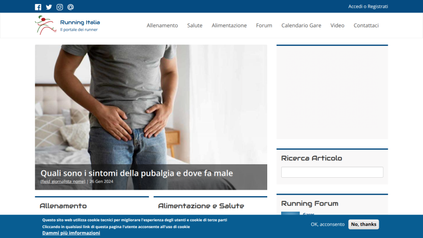 Homepage of Running Italia featuring health articles and a search bar.