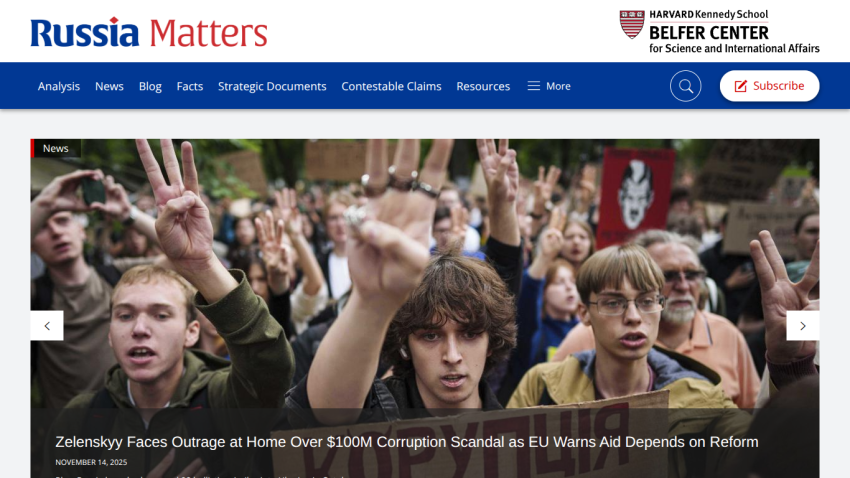 Russia Matters website with news headline on Zelenskyy corruption scandal and EU aid warning, showing protest image