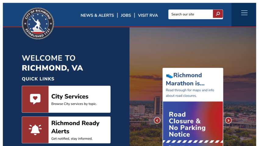 Richmond, VA city website homepage with quick links to City Services and Alerts, and notices about Richmond Marathon and road closures.