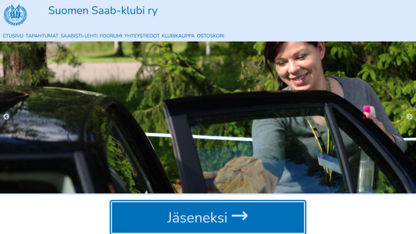 Suomen Saab-klubi ry website with navigation links and a smiling woman opening a car door, membership button visible
