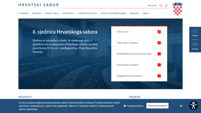 Croatian Parliament website showing details of the 8th session with agenda and discussion topics