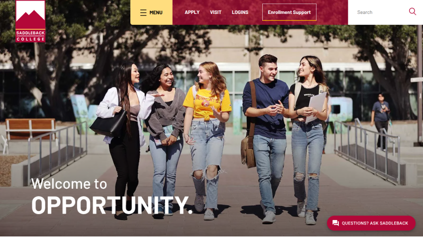 Students walking on campus with 'Welcome to OPPORTUNITY' text prominently displayed.