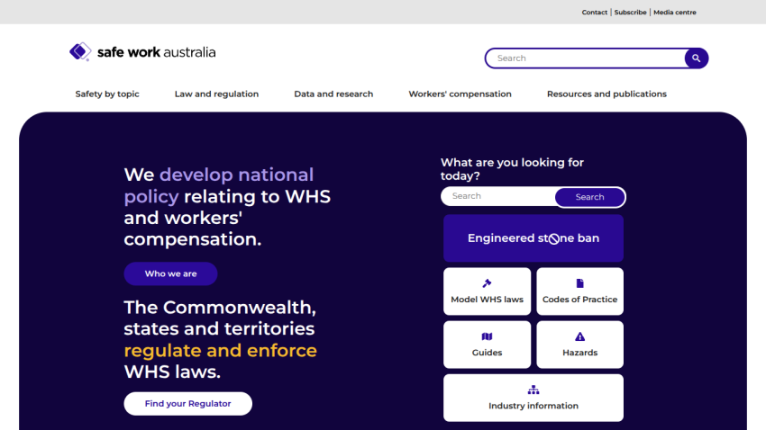 Homepage of Safe Work Australia with policy information and search bar.