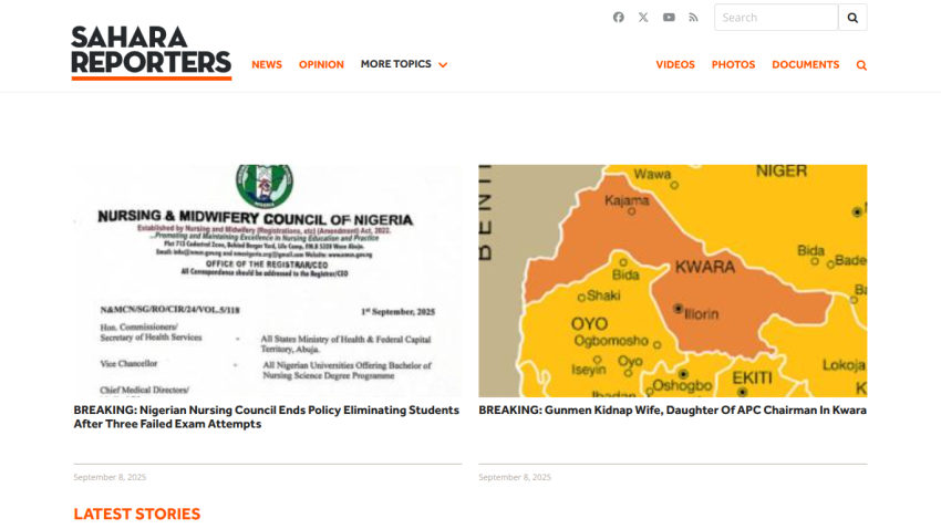News headlines and a map of Nigeria displayed prominently on the homepage.