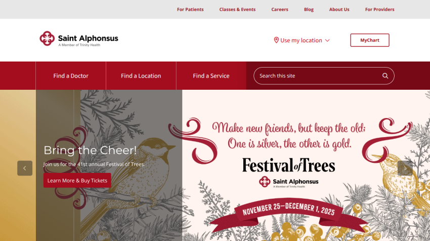 Saint Alphonsus website promoting the Festival of Trees event from November 25 to December 1, 2025, with navigation links and search bar