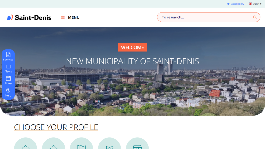 Welcome message for the new municipality of Saint-Denis with a cityscape background and profile selection options