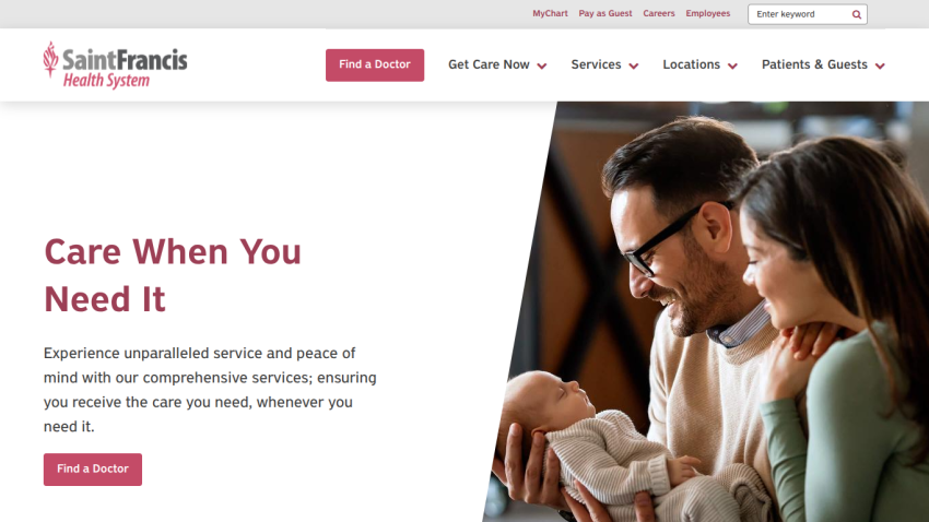 Homepage of Saint Francis Health System featuring a family and the slogan 'Care When You Need It'.