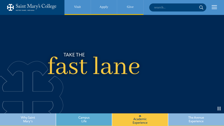 Saint Mary's College website featuring a bold message 'have it all here' and navigation options.