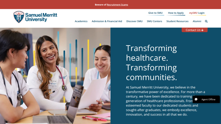Samuel Merritt University homepage highlighting healthcare transformation and community impact with smiling healthcare professionals.