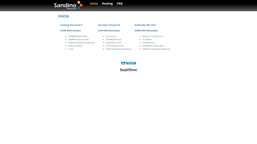 Sandino Networks homepage with hosting plans including Personal-1, Virtual 25, and Dedicated OP-1216 pricing and features
