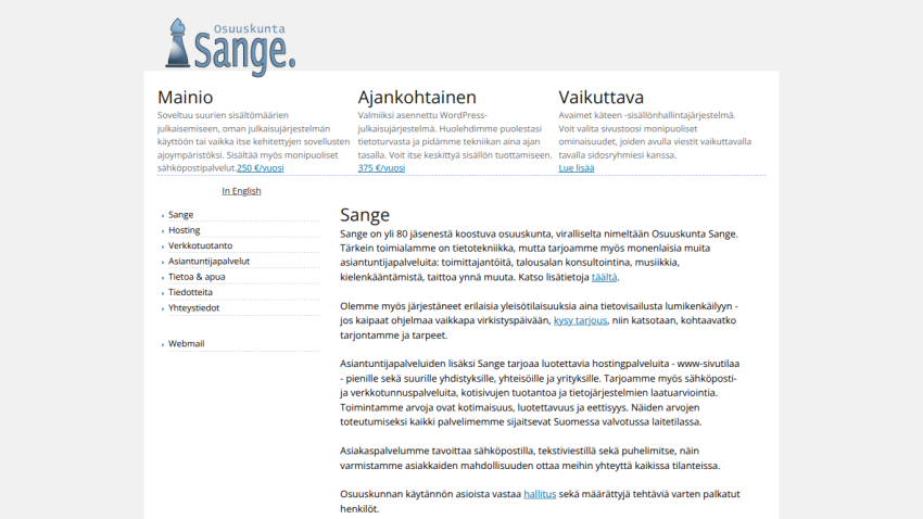 Osuuskunta Sange website offering WordPress publishing system, hosting, and expert services with contact info and membership details