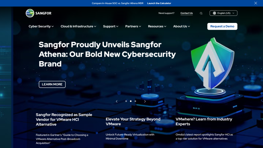 Sangfor's homepage showcasing their new cybersecurity brand with key offerings and a prominent logo.