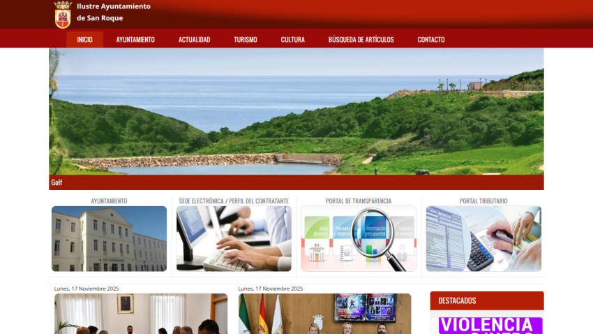 Municipality website of San Roque with navigation menu, hero image of golf course, and sections for Ayuntamiento, electronic office, transparency, and tax portal.