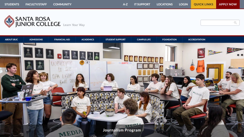 Santa Rosa Junior College homepage featuring students in a classroom setting.