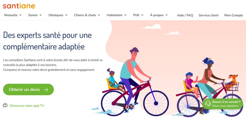 Santiane health insurance site with expert advice, call to action button, and family biking illustration