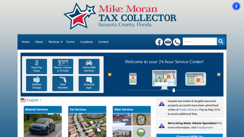 Homepage of Mike Moran Tax Collector with service options and welcome message.