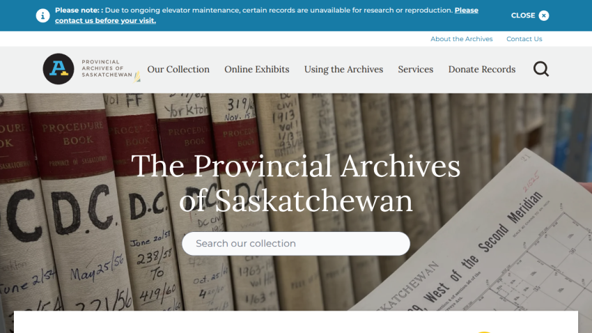Provincial Archives of Saskatchewan homepage with navigation and search bar over background of archival books and documents
