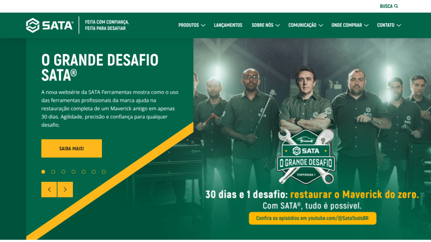 SATA Ferramentas website promoting a web series about restoring a Maverick car in 30 days with professional tools