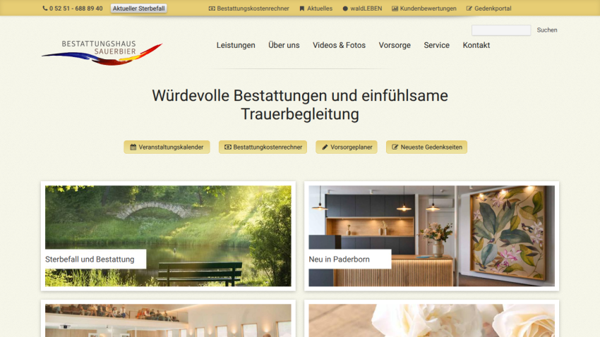 Funeral home website offering dignified funerals and compassionate grief support with event calendar and cost calculator