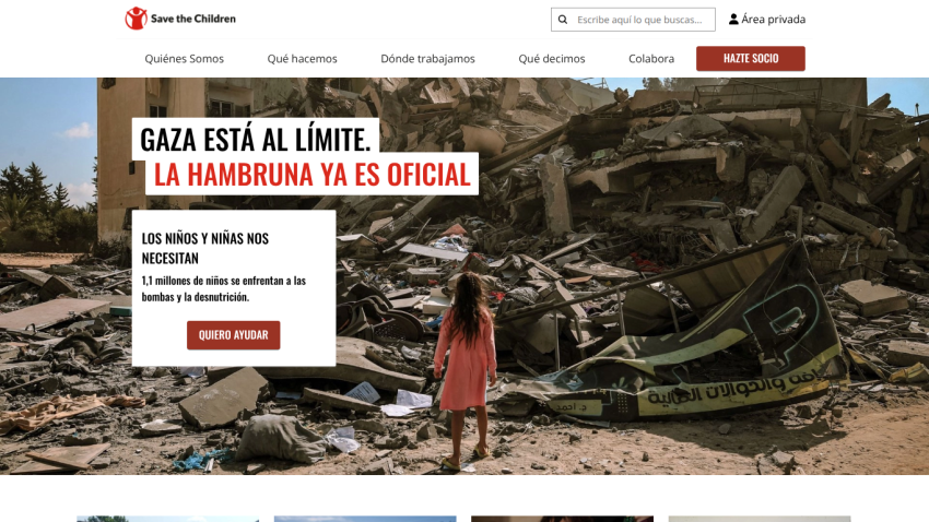 Website promoting aid for Gaza, featuring a girl in front of rubble and a call to action button.