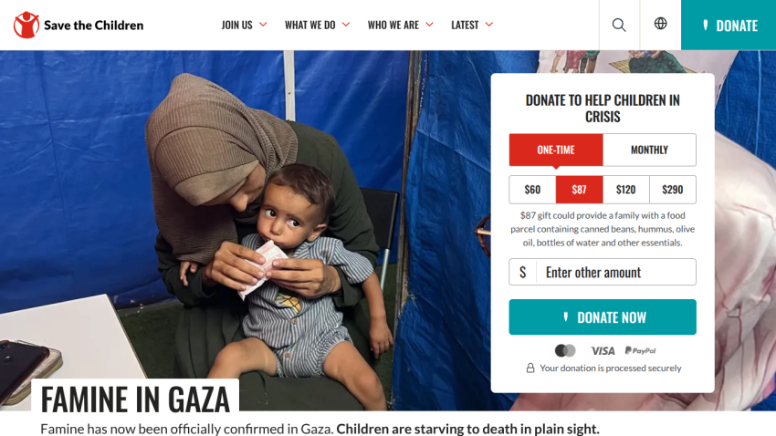 Donation page for famine relief in Gaza, featuring a mother and child with donation options.