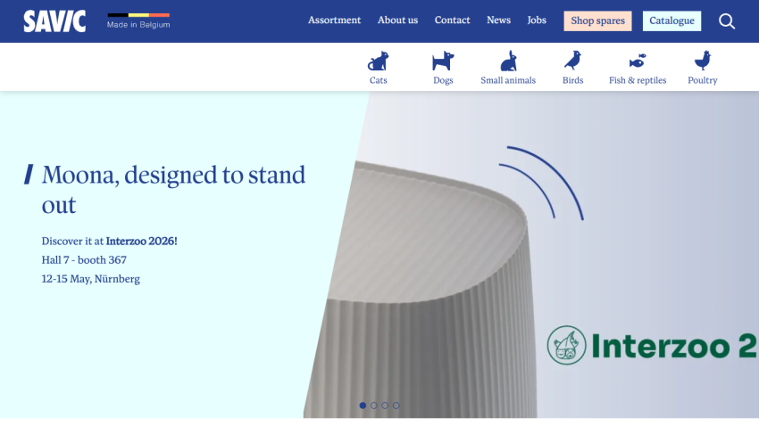 Homepage showcasing the Moona product with event details for Interzoo 2024.