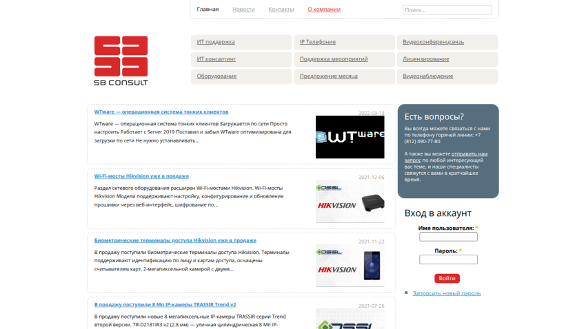Homepage of a consulting website featuring services and contact information.