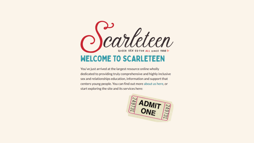 Scarleteen homepage with welcome message and admission ticket graphic.
