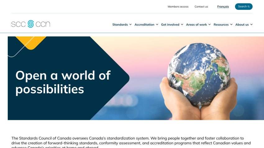 Standards Council of Canada homepage with navigation and hero text 'Open a world of possibilities' alongside hands holding a globe