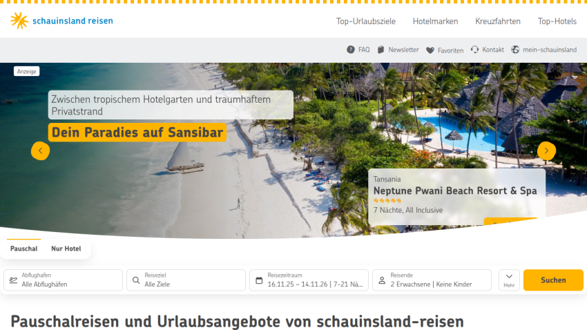 Travel website showing a tropical beach with search options for vacation packages and resorts.