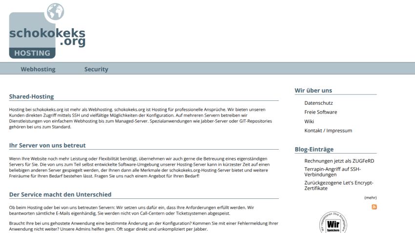 schokokeks.org hosting service offering shared hosting, server management, and customer support with blog entries and privacy info