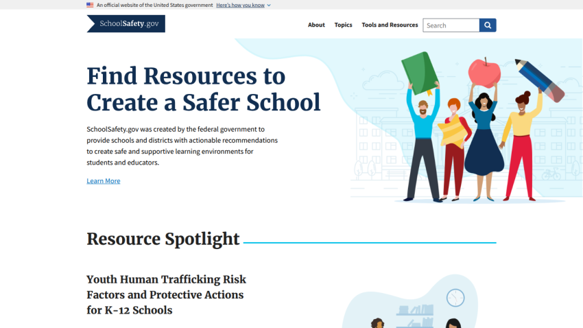 SchoolSafety.gov homepage offering resources to create safer schools with a focus on youth human trafficking risk factors and protective actions